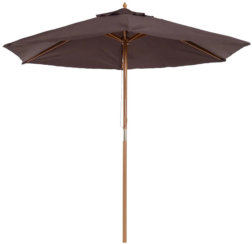 Chapéu de Sol Ø250x230cm Chapéu de Sol com Mastro de Madeira com 6 Hastes Sistema de Polia com Fixação para Jardim Pátio Terraço Castanho