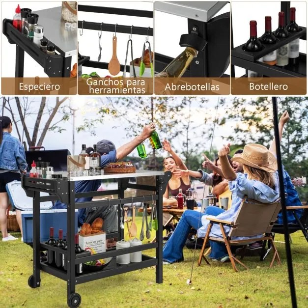 Carrinho de cozinha e de jardim com suporte para forno de pizza em PEAD com rodas Mesa para garrafas de vinho em aço inoxidável 105 x 54 x 85 cm Preto