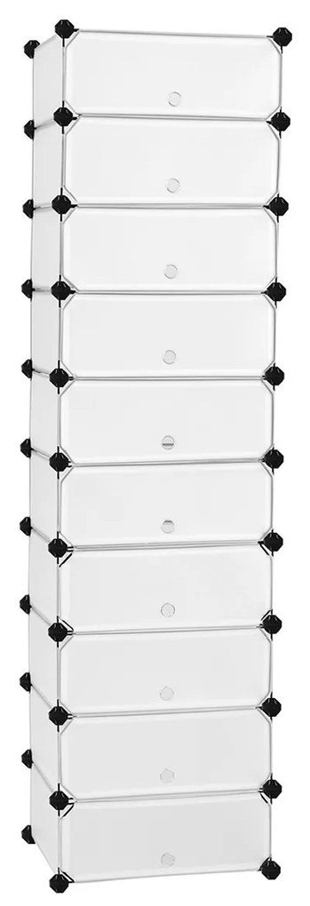 Rack de sapatos intertravado SONGMICS, organizador de armazenamento retangular, unidade de prateleira de armazenamento modular DIY de 10 slots, 40 x 30 x 17 cm para cada slot, guarda-roupa de plástico com portas, branco LPC10W