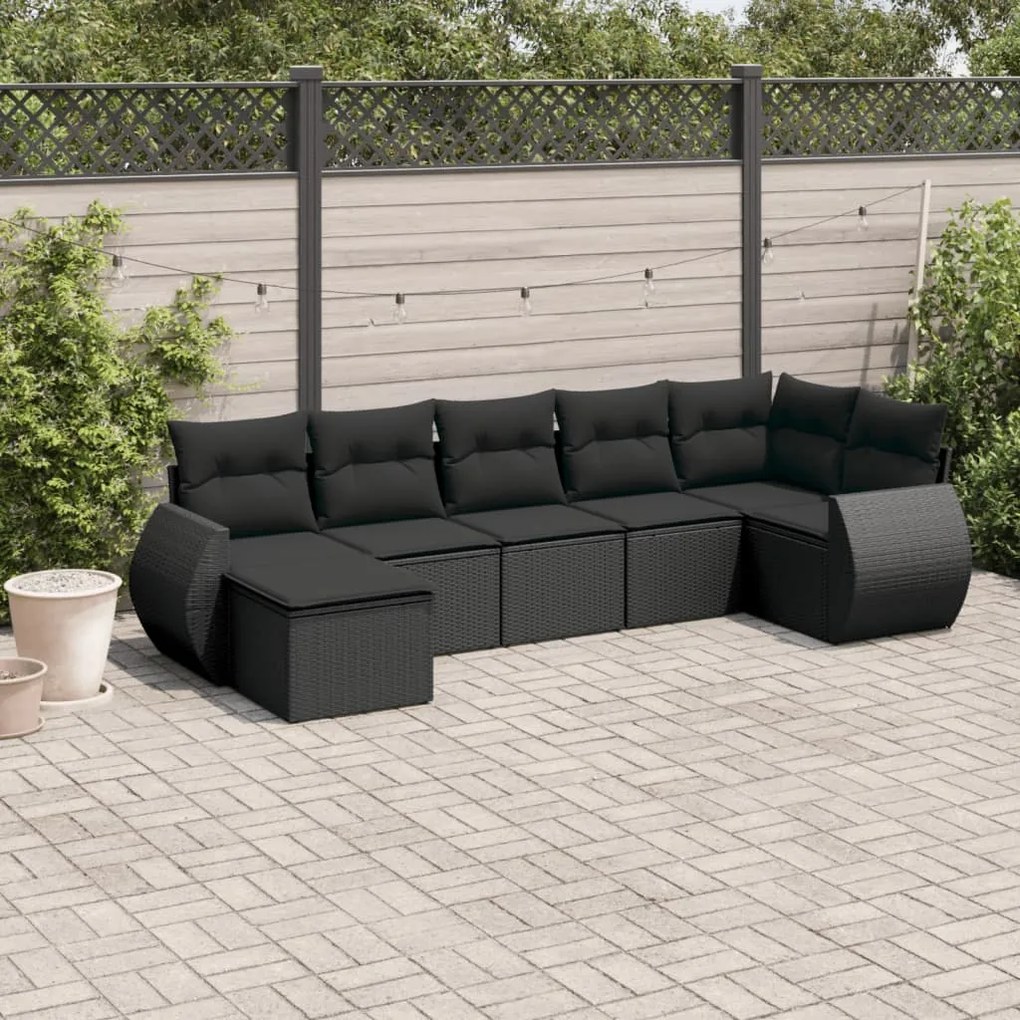 7 pcs conjunto de sofás p/ jardim c/ almofadões vime PE preto