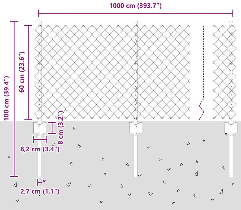 Cerca de Cadeia com 10 Postes em U Cinza 0,6x10 m de Aço