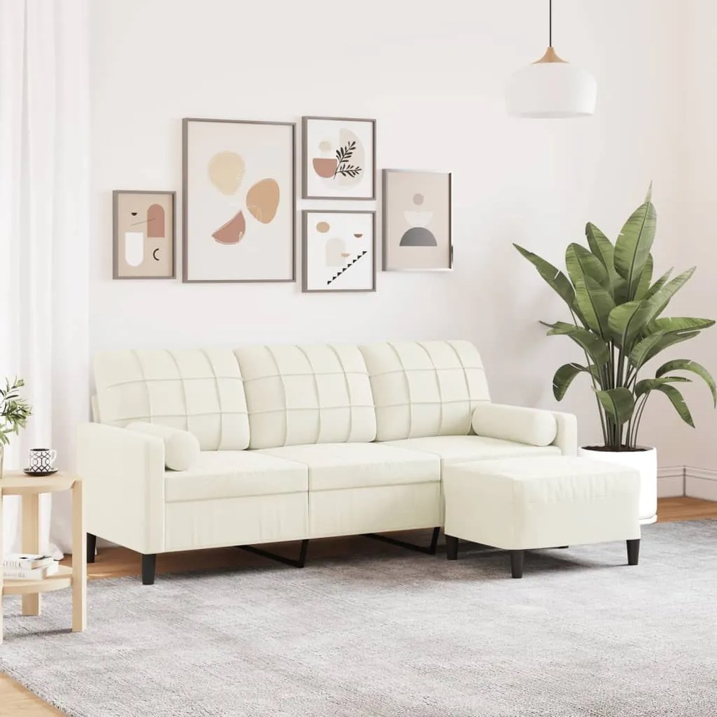 Sofá de 3 lugares com apoio de pés 180 cm veludo cor creme