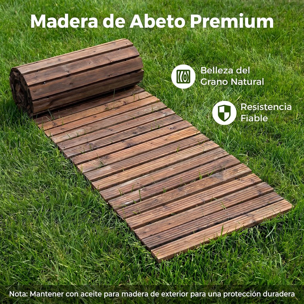 Caminho de jardim em madeira de abeto, enrolável, 367 x 55 x 15 cm, superfície antiderrapante para quintal, terraço e ambientes cor castanho