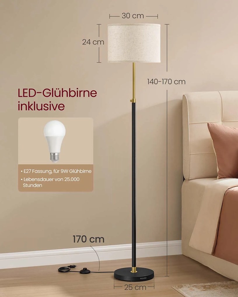 Candeeiro de pé com altura ajustável e abajur em tecido 30 x 30 x (140-170) cm dourado + preto