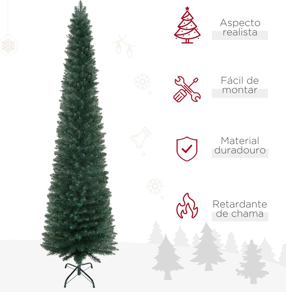 Árvore de Natal Artificial Altura 210cm com 510 Ramos de Folhas de PVC Ignífugos Base Dobrável e Suporte Metálico Verde