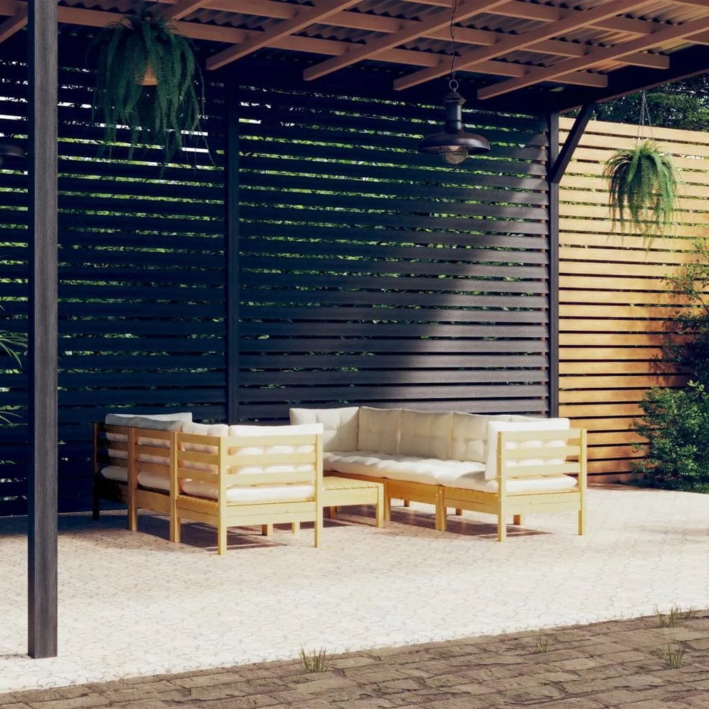 vidaXL 8 pcs conjunto lounge jardim c/ almofadões creme pinho maciço