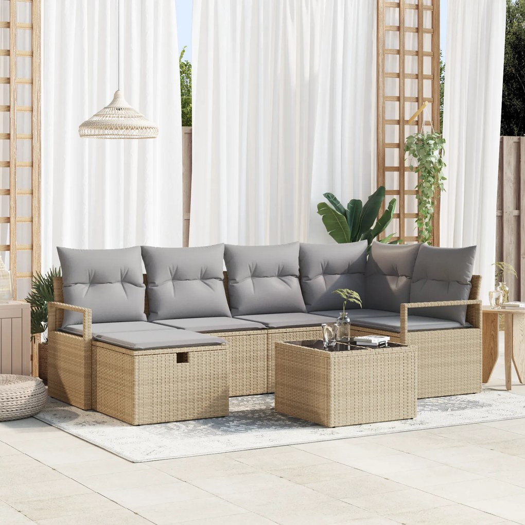 Conjunto de Sofás de Jardim vidaXL com Almofadas Bege Vime PE 7 Peças,