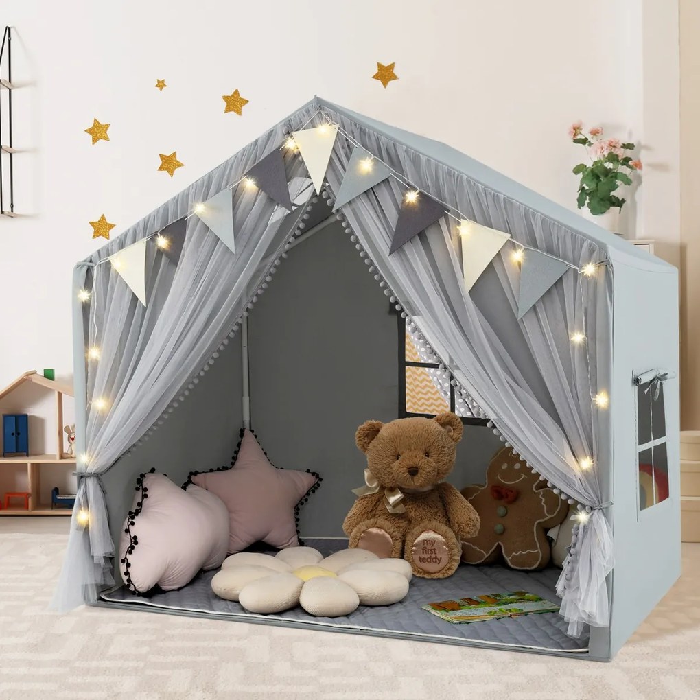 Tenda infantil 146 x 96 x 133 cm com 2 cortinas de tecido e malha, luzes de estrelas, 2 janelas respiráveis e almofada de algodão cinzenta