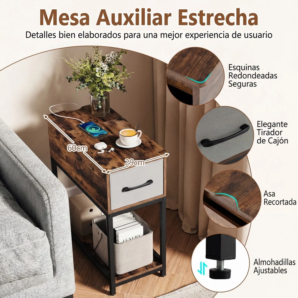 Conjunto de 2 mesas cabeçeira estreitas com estação de carregamento  60 x 29 x 62 cm, luzes, USB, gaveta e estante industrial Castanho rústico e cinze