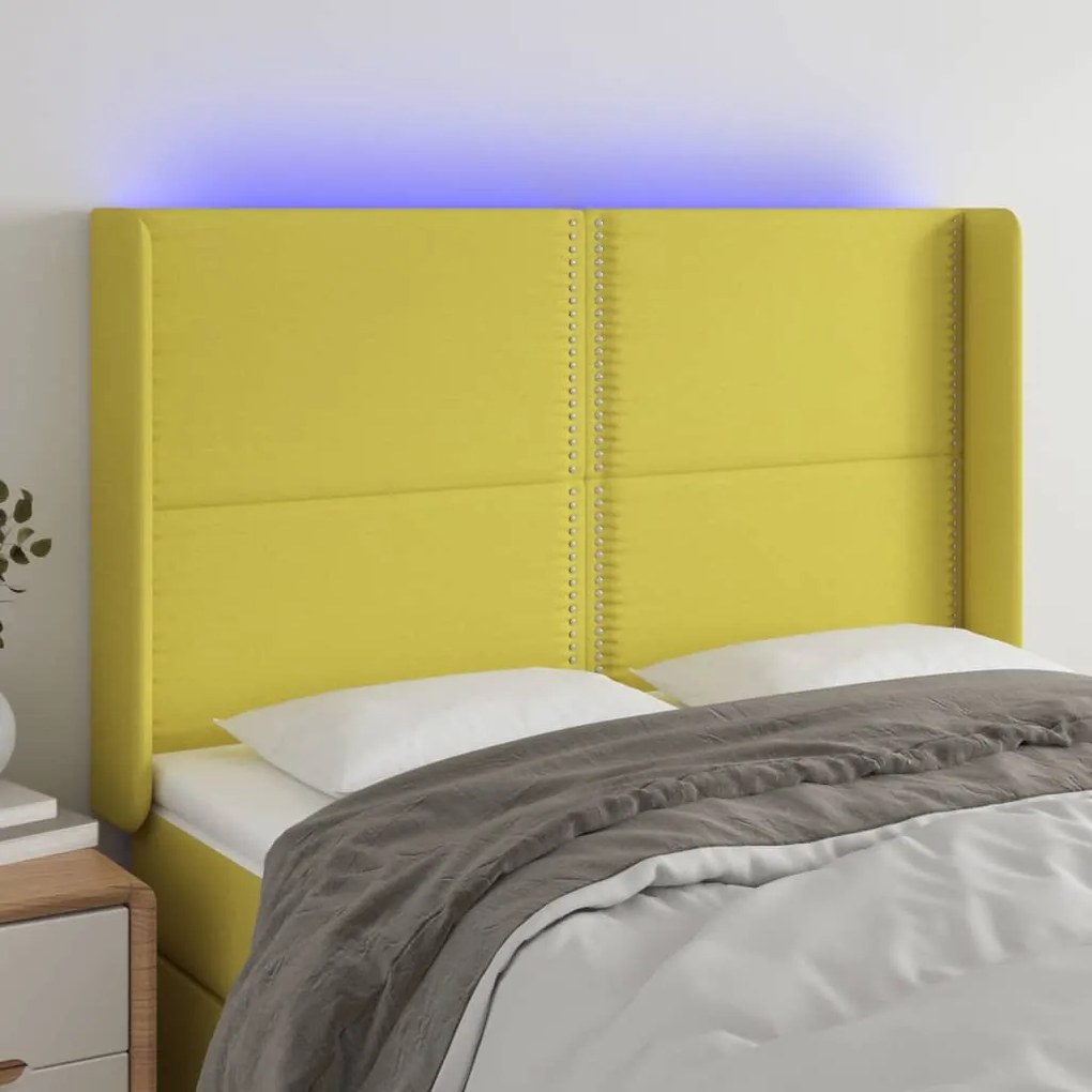 vidaXL Cabeceira de cama c/ luzes LED tecido 147x16x118/128 cm verde