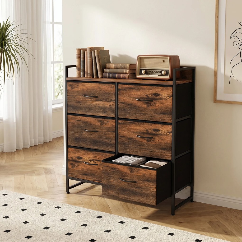 Cômoda, móvel de arrumação para quarto 6 gavetas tecido não tecido estrutura em aço, 80 x 29 x 85 cm, efeito madeira mogno