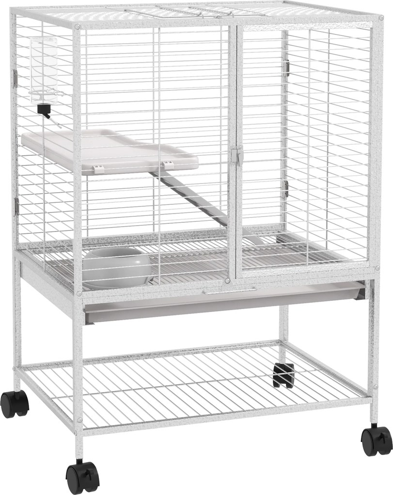 PawHut Gaiola 2 Níveis para Pequenos Animais com Rodas 2 Portas Rampa e Prateleira 61,5x44,5x86 cm Cinza Claro | Aosom Portugal