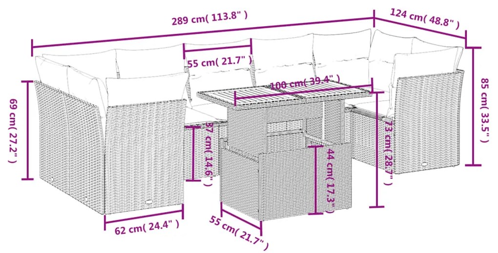 8 pcs conjunto sofás de jardim c/ almofadões vime PE cinzento