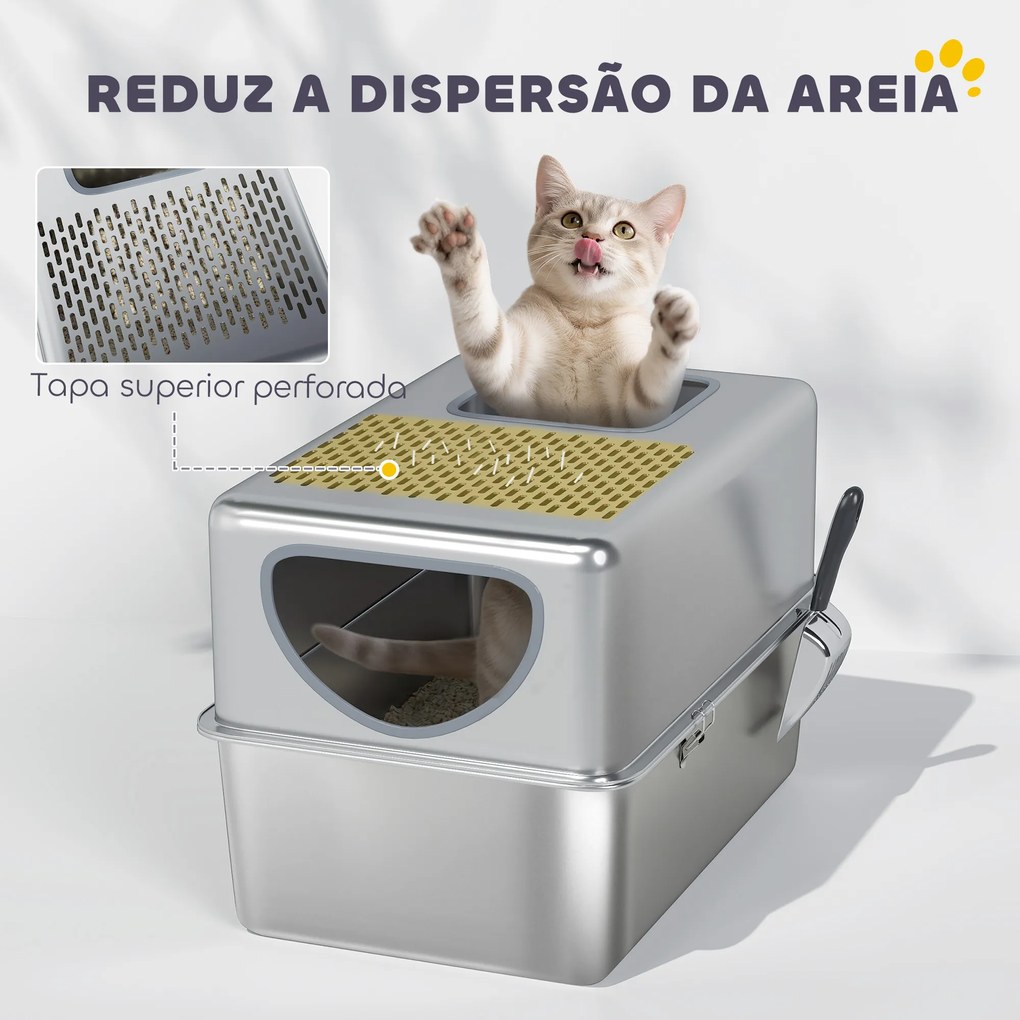 Caixa de Areia para Gatos em Aço Inoxidável XL com Pá Aberturas Duplas Fácil de Limpar 60x39,6x40,1 cm Prateado