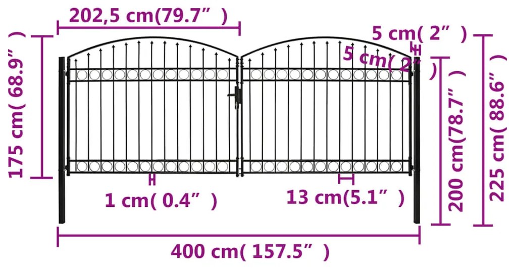 Portão p/ cerca porta dupla e topo arqueado 400x175cm aço preto