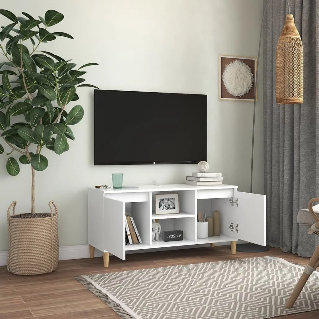 Móvel de TV c/ pernas de madeira maciça 103,5x35x50 cm branco