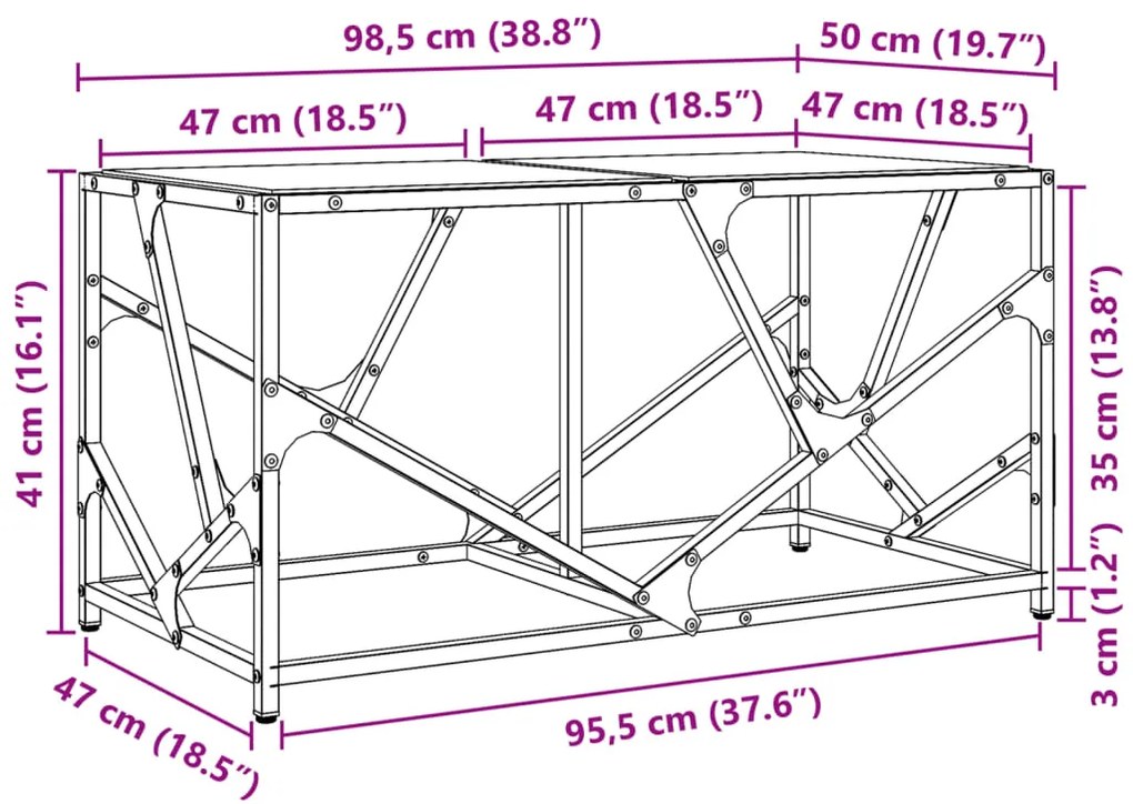 Mesa de centro c/ topo em vidro transparente 98,5x50x41 cm aço
