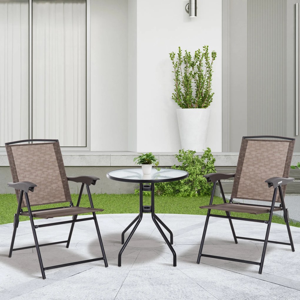 Conjunto de jardim de 3 peças: 2 cadeiras reclináveis com várias posições e dobráveis + mesa redonda em vidro temperado Castanho