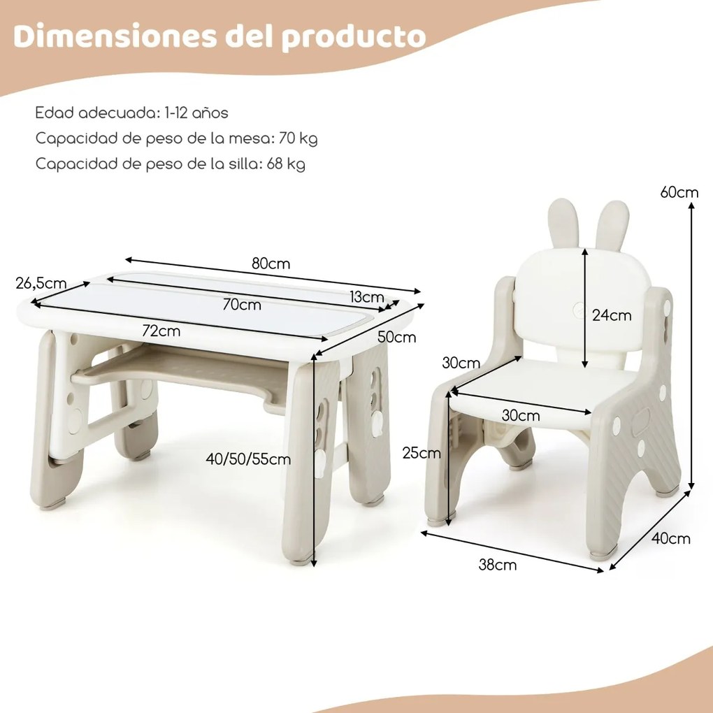 Conjunto de mesa e cadeira para arte infantil com prateleira giratória Quadro branco magnético apagável e 3 quadros de desenho ajustáveis em altura Ci