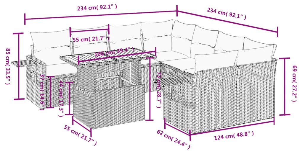 9 pcs conjunto de sofás p/ jardim com almofadões vime PE bege