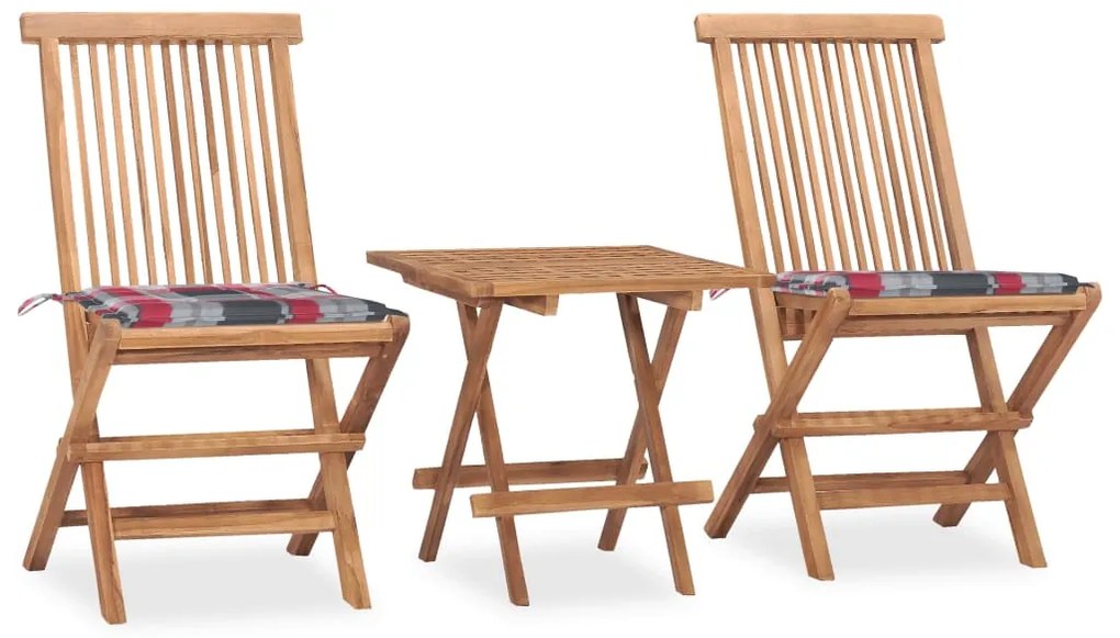 3 pcs conj. jantar dobrável exterior c/ almofadão teca maciça