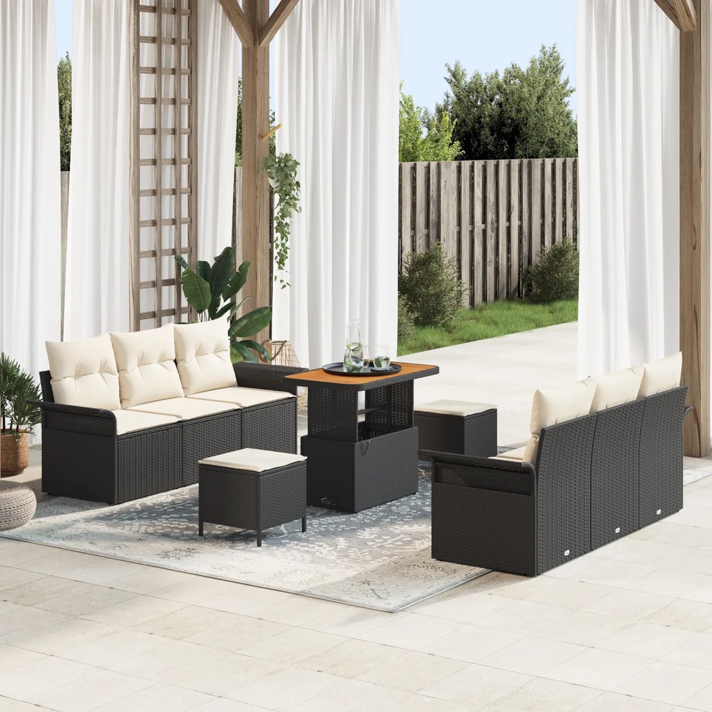 Conjunto de Sofá de Jardim de 9 Peças com Almofadas Preto Vime Poliést