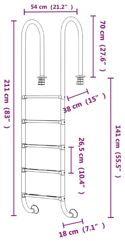 Escada de piscina 54x38x211 cm aço inoxidável 304
