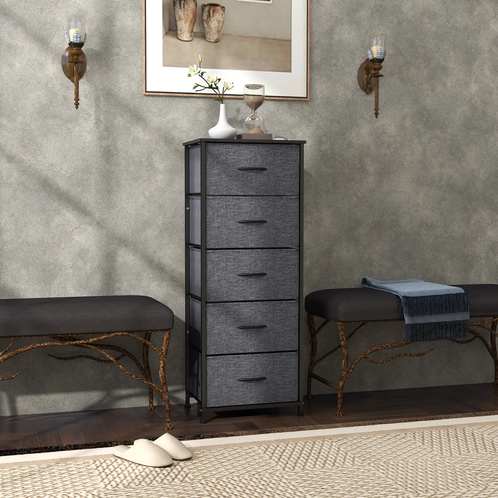 Cómoda com 5 gavetas 45 x 30 x 116 cm, móvel de arrumação com gavetas em tecido dobrável – estrutura em aço preto cinzento escuro