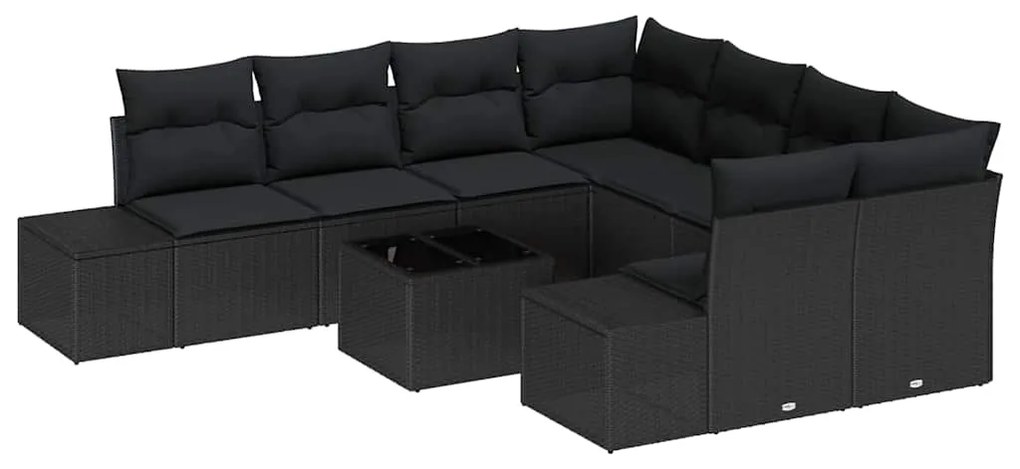 Conjunto de Sofá de Jardim de 9 Peças da com Almofadas Pretas em Ratan