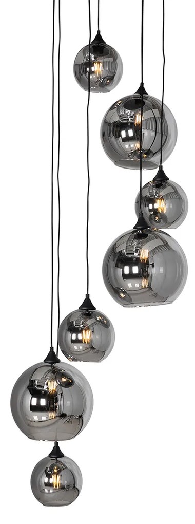 Candeeiro de suspensão Art Deco preto com vidro fumê redondo 7 luzes - Sandra Art Deco