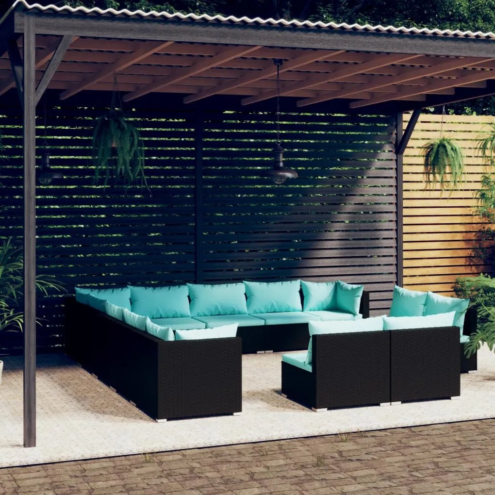 vidaXL 13 pcs conjunto lounge de jardim c/ almofadões vime PE preto