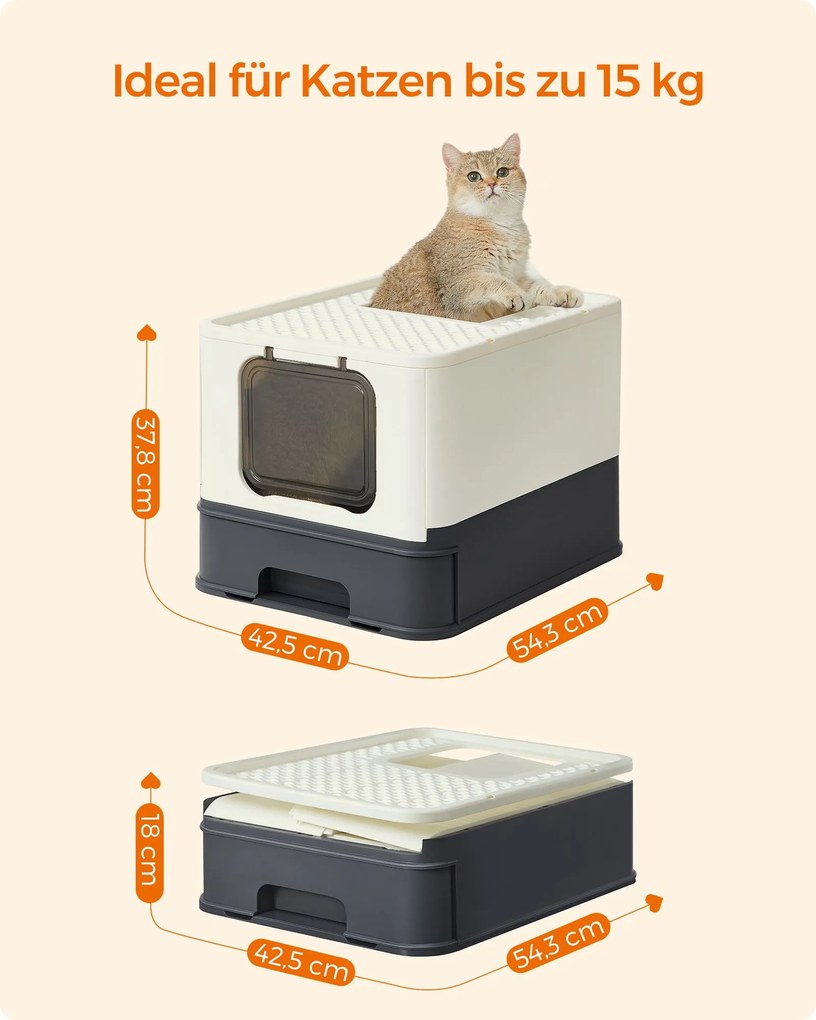 Caixa de areia para gatos com tampa e colher espaçoso Branco + cinzento