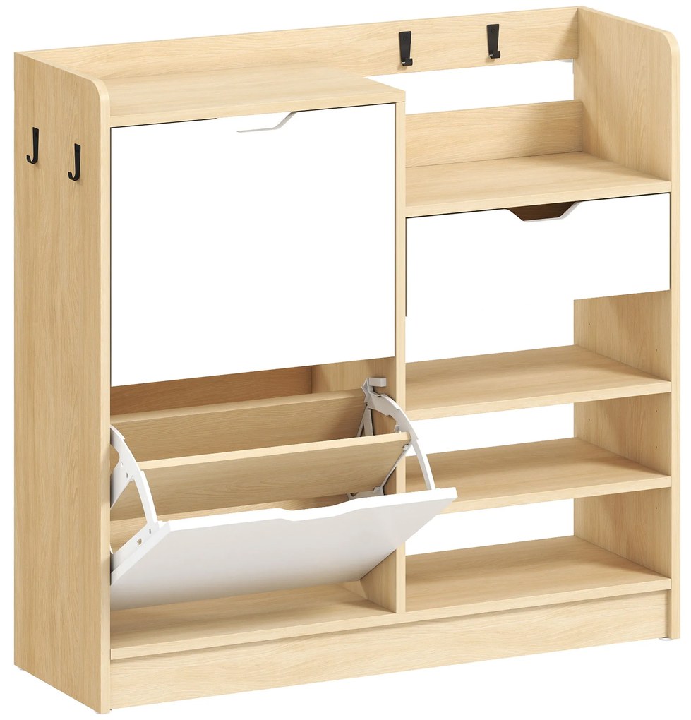 Sapateira Estreita com Prateleiras Ajustáveis Gaveta e 4 Ganchos para 14 Pares de Sapatos 93x30x90 cm Madeira e Branco