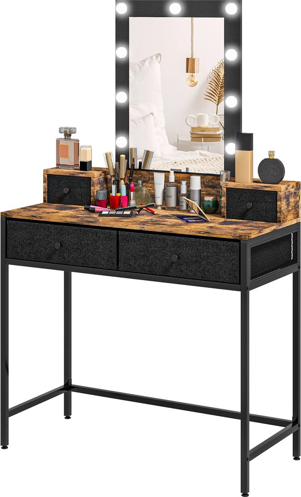 Toucador com espelho LED ajustável integrado 90 x 40 x 148 cm base em metal preto - 4 gavetas forradas a tecido castanho rústico
