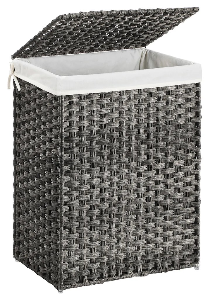 Cesto de roupa suja tecido à mão SONGMICS, cesto de roupas de vime sintético de 90 L com tampa e alças, dobrável, com forro removível, cinza LCB51WG
