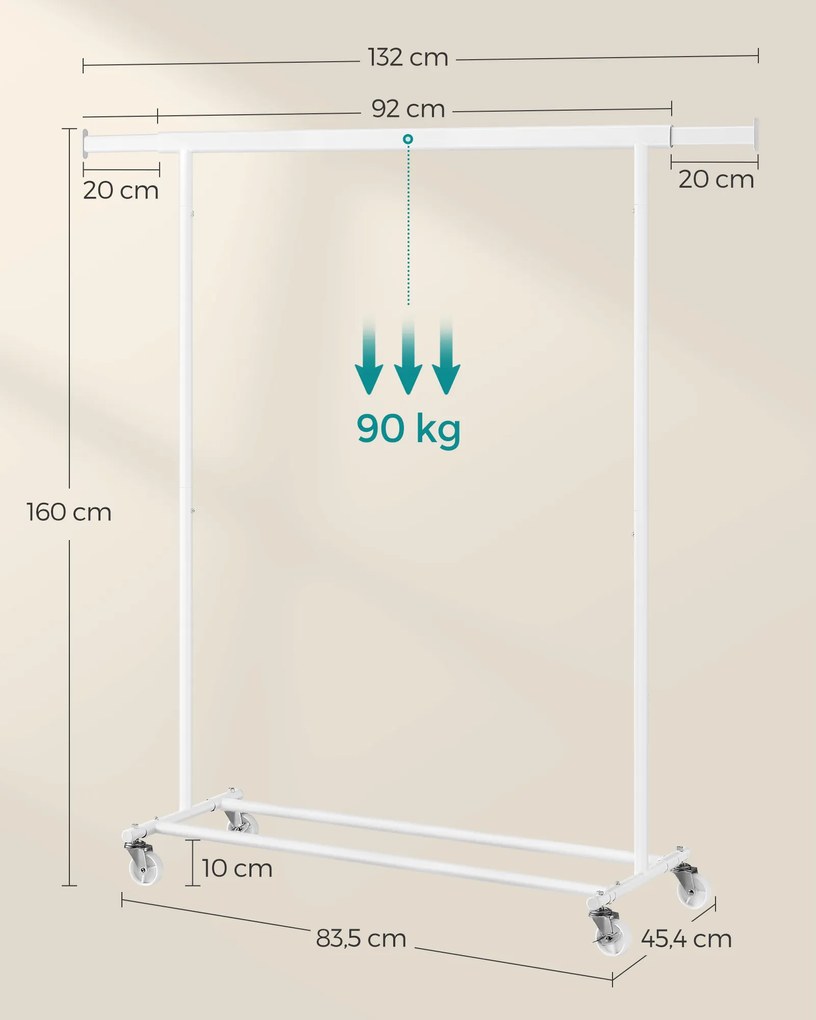 Cabide de roupa com rodas Capacidade de carga de 90 kg 45,4 x (92-132) x 160 cm branco