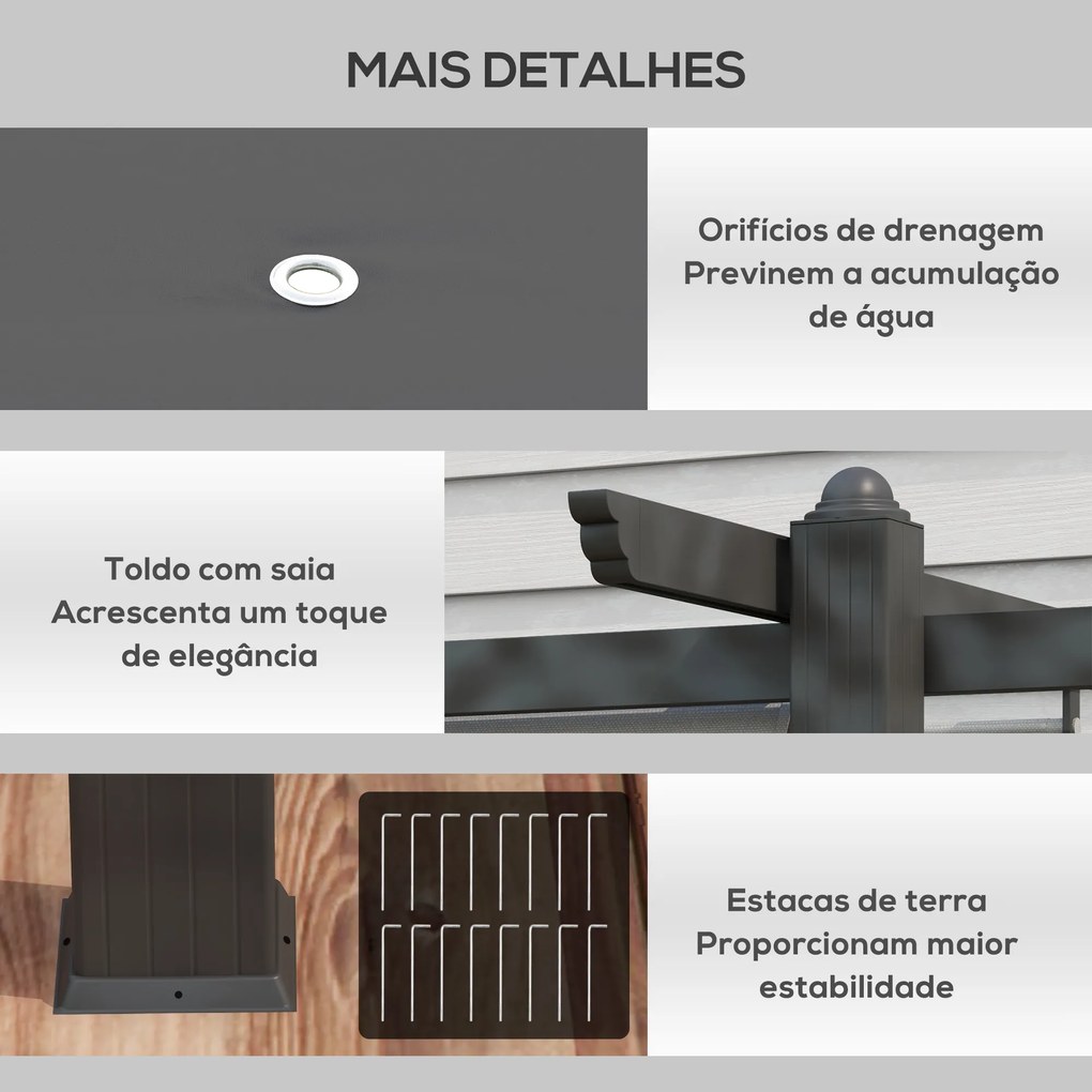 Pérgola de Jardim 3,96x2,96x2,2 m com Teto Retrátil Tecido de Poliéster e 8 Orifícios de Drenagem Cinza