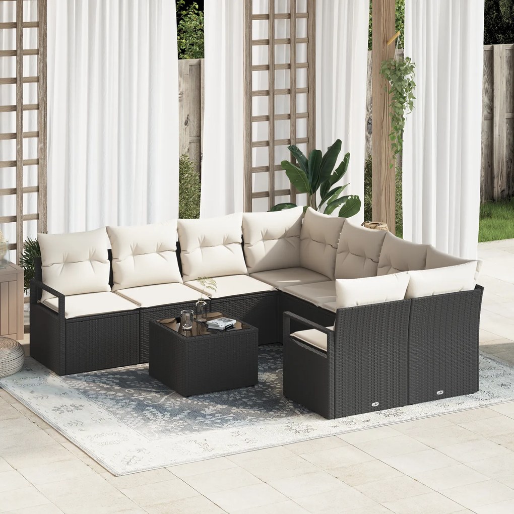 Conjunto de Sofás de Jardim vidaXL de 9 Peças com Almofadas Preto Rata