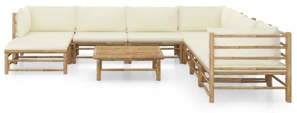 9 pcs conj. lounge p/ jardim em bambu c/ almofadões branco nata