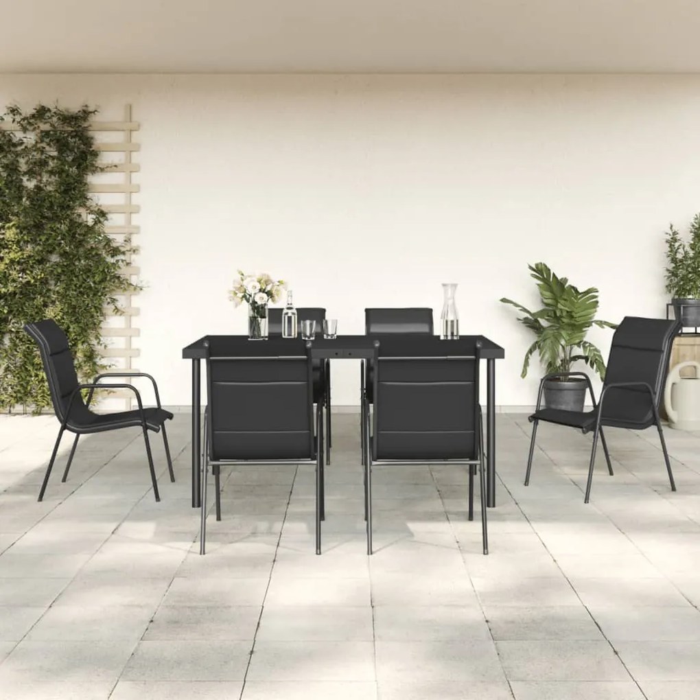 3200699 vidaXL 7 pcs conjunto de jantar para jardim aço e textilene preto