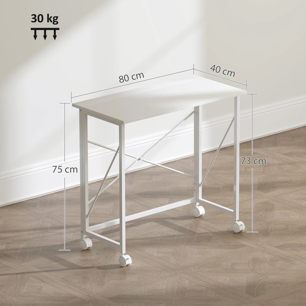 Secretária dobrável com mesa para computador de 80 x 40 cm com rodas, para escritório em casa, quarto e espaços pequenos, branca