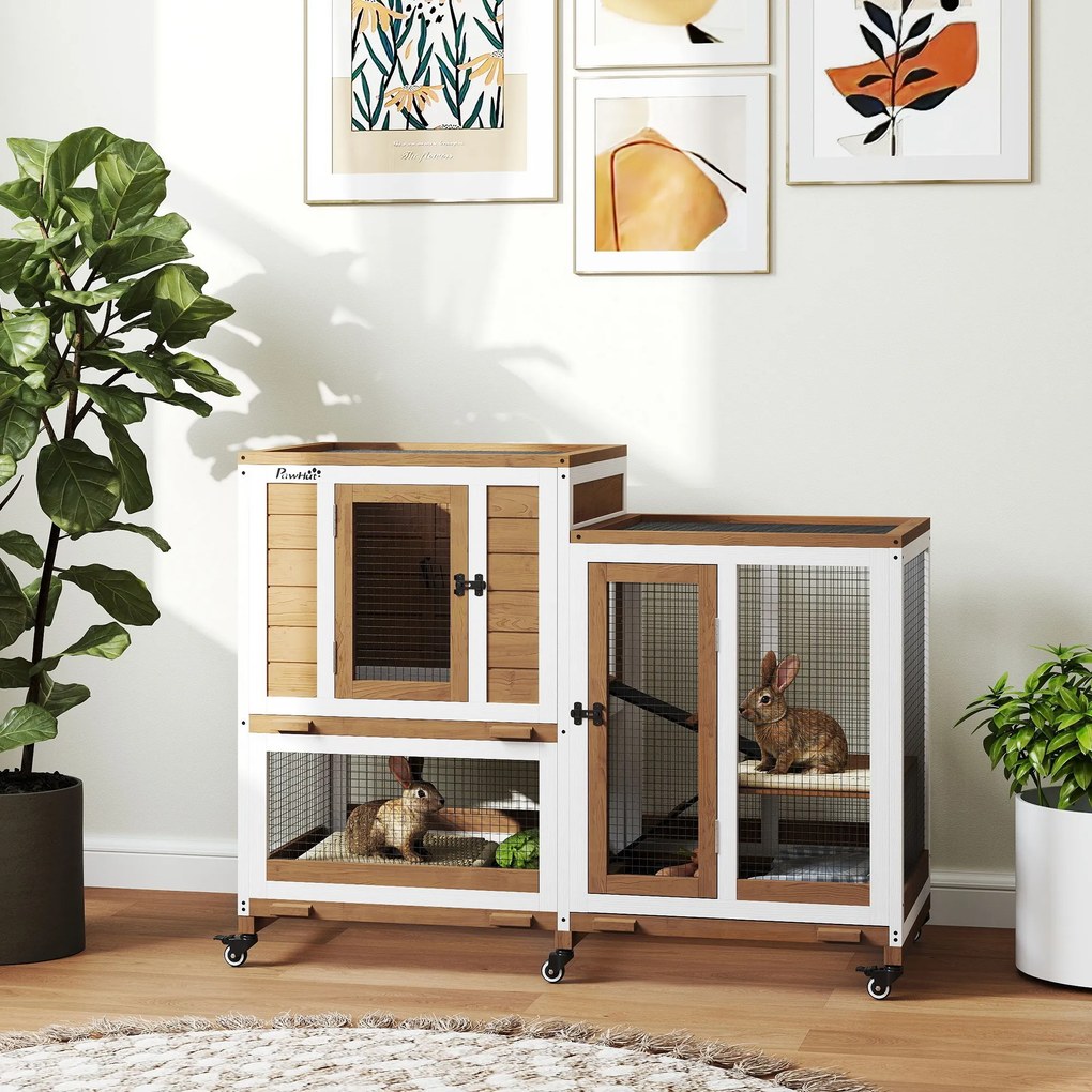Coelheira de Madeira Interior Gaiola para Coelhos de 2 Níveis com Rodas 2 Rampas 3 Bandejas Amovíveis 110x50x86 cm Castanho
