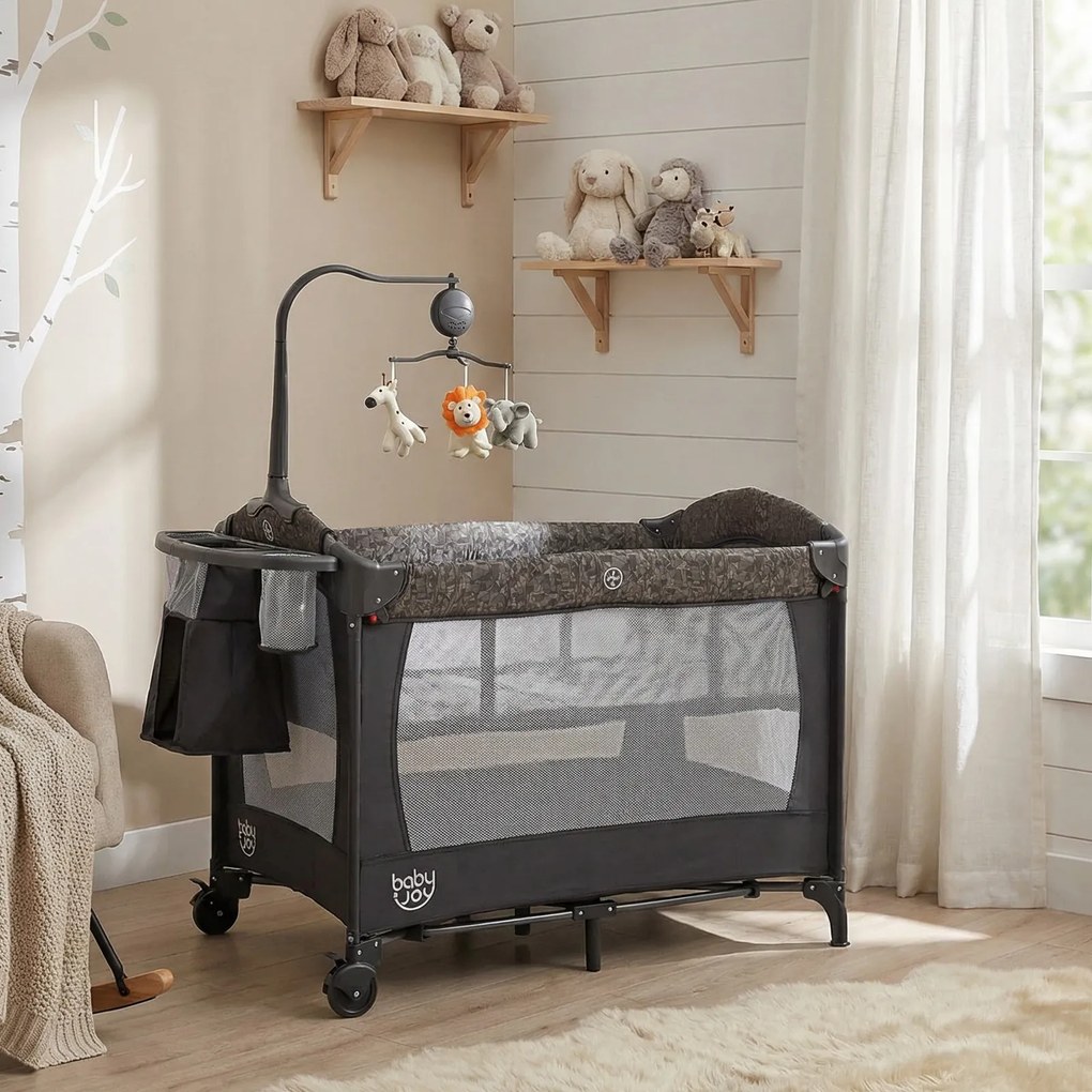 Berço Parque para Bebé 4 em 1, 110 x 68 x 55-75 cm, Dobrável, Cinzento