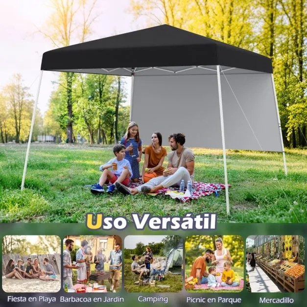 Tenda 300 x 300 cm Pop Up Dobrável com 1 Parede Lateral Com Saco, jardim, campismo, feiras, eventos com Estrutura Metálica Preta