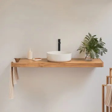 Conjunto De Móvel De Casa De Banho 130x45 Cm Suspenso Em Madeira De Teca Neill Madeira De Teca & Cerâmica Redonda Branca Ø40 Cm Lenka & - Sklum