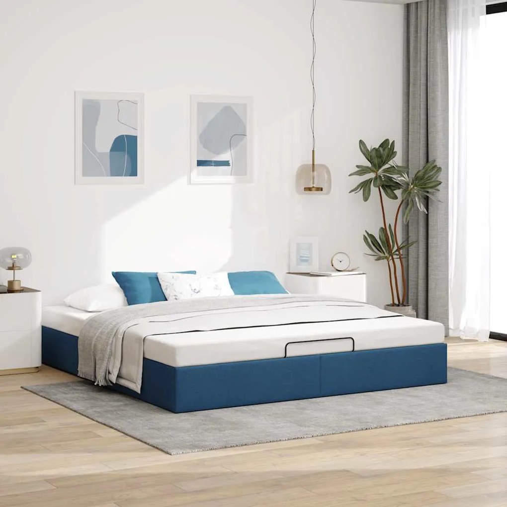 Estrutura de cama otomana sem colchão tecido azul 180x200 cm