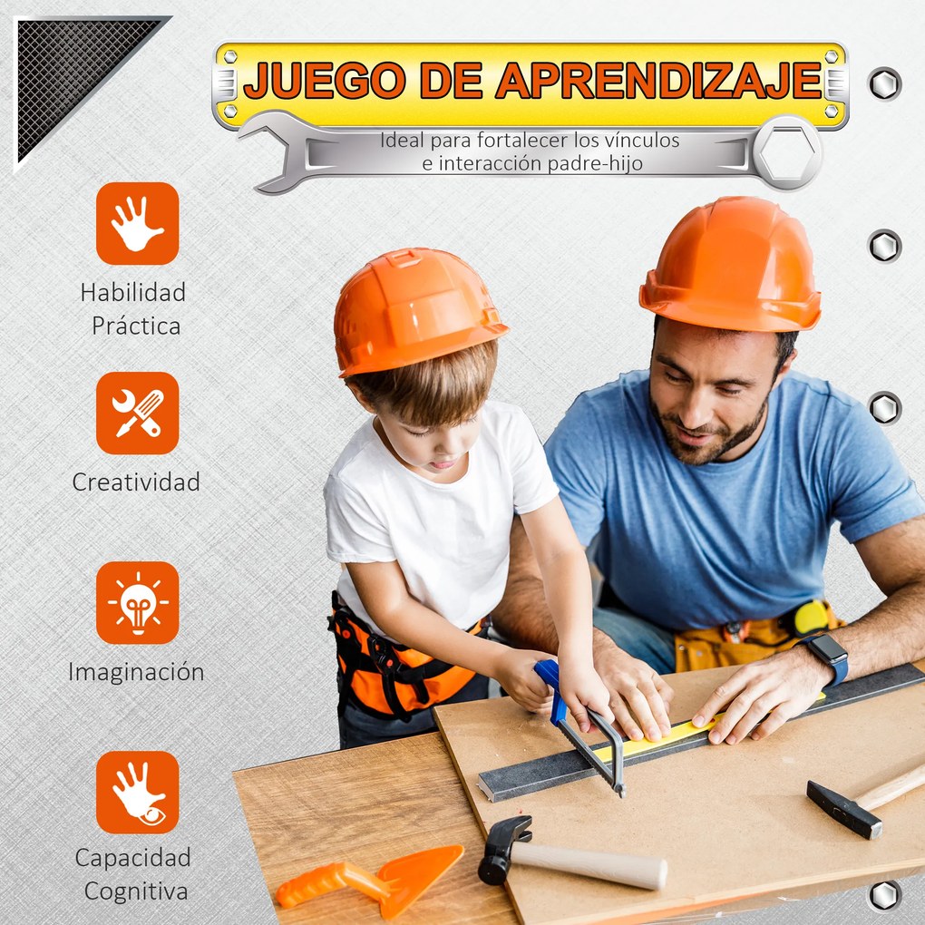 HOMCOM Bancada de Ferramentas para Crianças acima de 3 Anos Inclui 55 peças com Berbequim Elétrico Chave Inglesa Alicates Brinquedo de Aprendizagem 69x26,5x75cm Multicor