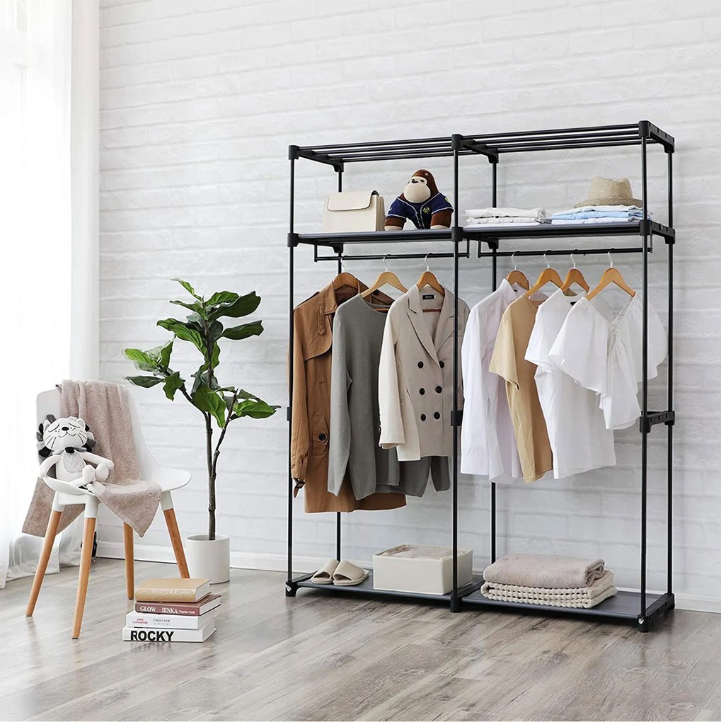 Guarda Roupa em tecido com 2 varões para roupa 43 x 140 x 174 cm Preto