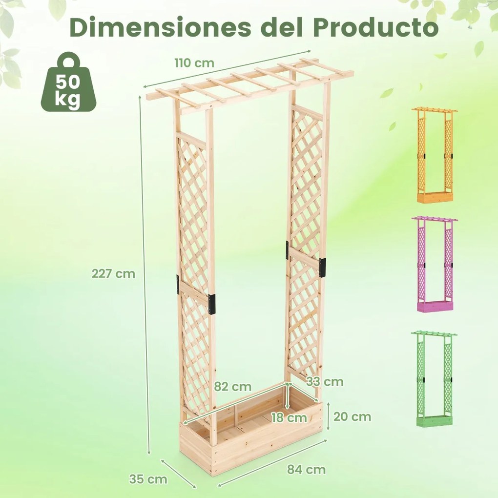 Floreira de jardim 110 x 35 x 227 cm elevada em madeira com treliça, teto suspenso, orifícios de drenagem, abeto, para plantas trepadeiras, natural