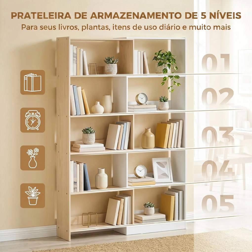 Estante Expansível 5 Níveis Estante para Livros Giratória 350° Largura Ajustável Convertível em L Reta ou Compacta 111,5x23,8x163,7 cm Madeira e Branc